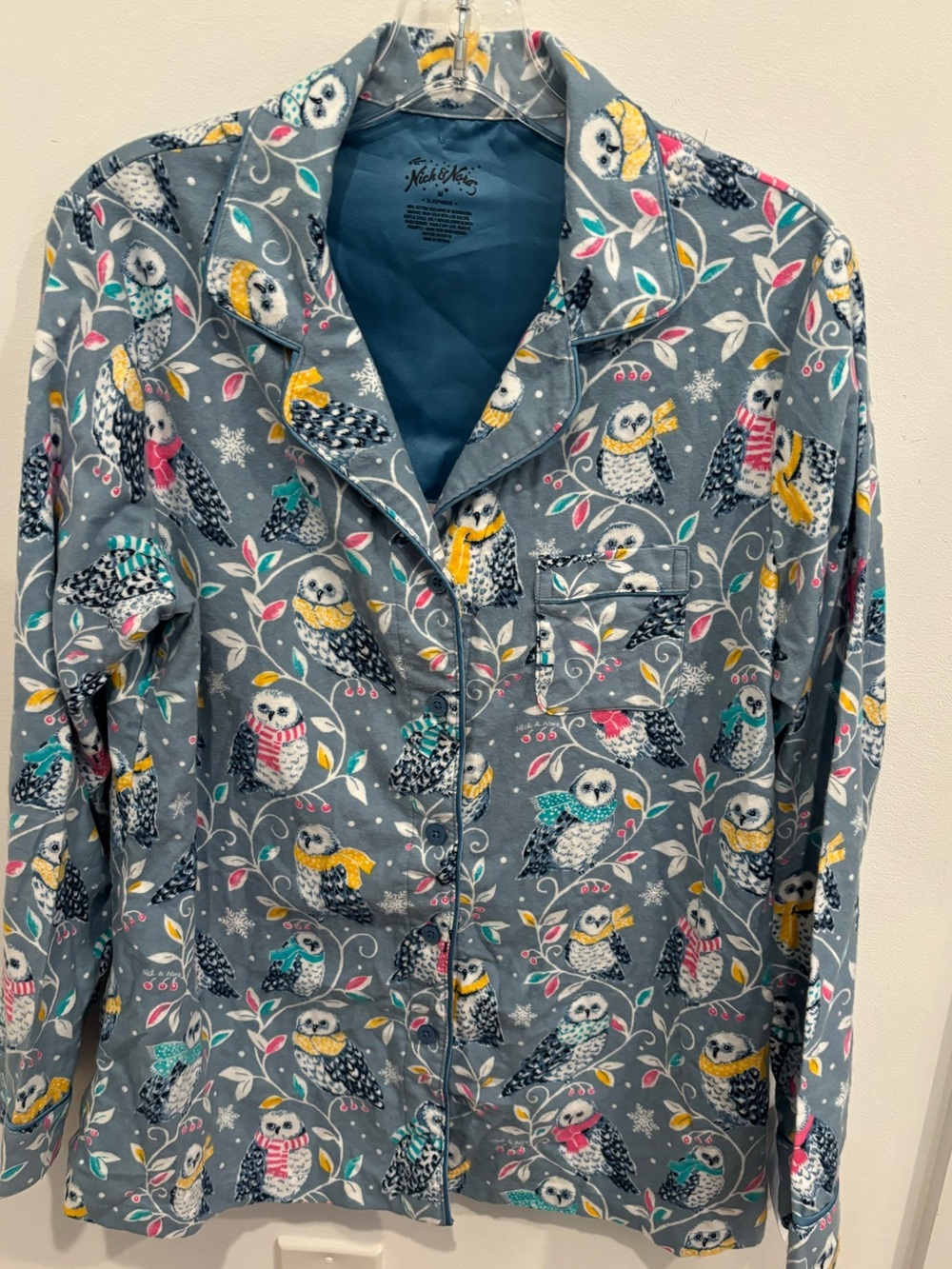 Nick & Nora NEW Whimsey Floral Winter Owl Dusty Blue Pajama Top Size M Flannel